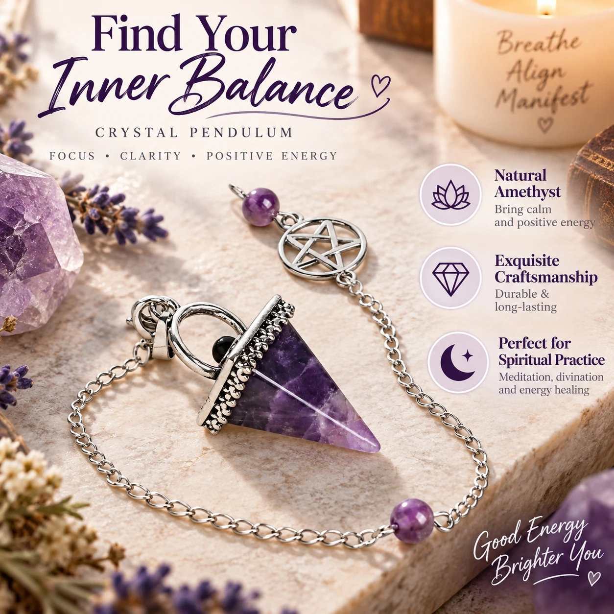 Natural Crystal Pendulum Pendant with Chain White K Finish Inverted Pyramid Star Design for Meditation Divination Jewelry
