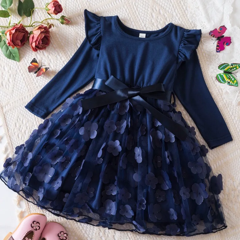 Lilo ponto vestido de princesa meninas vestido primavera outono crianças de manga comprida para roupas de festa das crianças dos desenhos animados vestidos de tule 2-6y