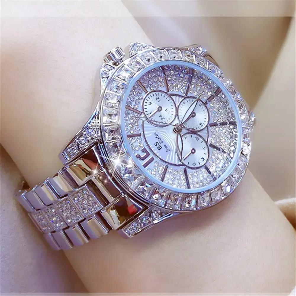 Pulsera de correa de cuarzo para mujer, reloj de diamantes de imitación cuadrados de plata, reloj de oro, fase lunar