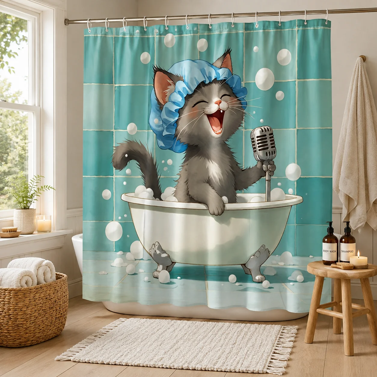 2D Flat, 2D Flat, 2D Flat Shower Curtain 1pc, Mcca Cute Cat Singing Shower Curtain, Polyester Comfortable Fabric, Multi-Size Selection, Special Boutique Hotel, Creating a Dreamy Healing Atmosphere, Creating a Natural Healing Atmosphere