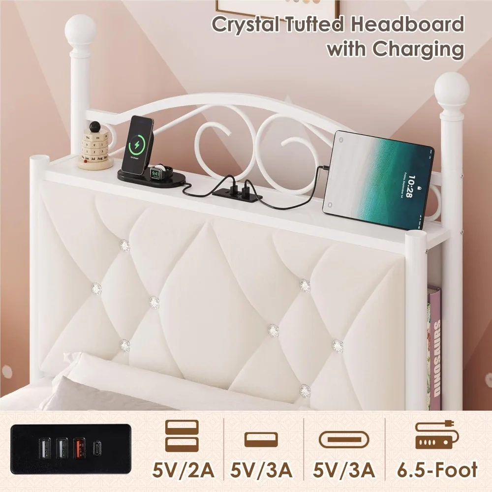 إطار سرير بمظلة منجد مزدوج من Keyluv مع درج ولوح رأسي للتخزين الكريستالي مع محطة شحن #4