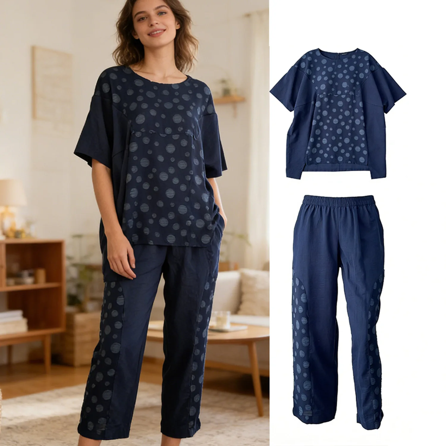 

WXOY Women 2 Pajama Pieces Set Pjs Jacquard Sleepwear Loose fit Cover Hips Lounge Short Sleeve Dots Shirt Pants