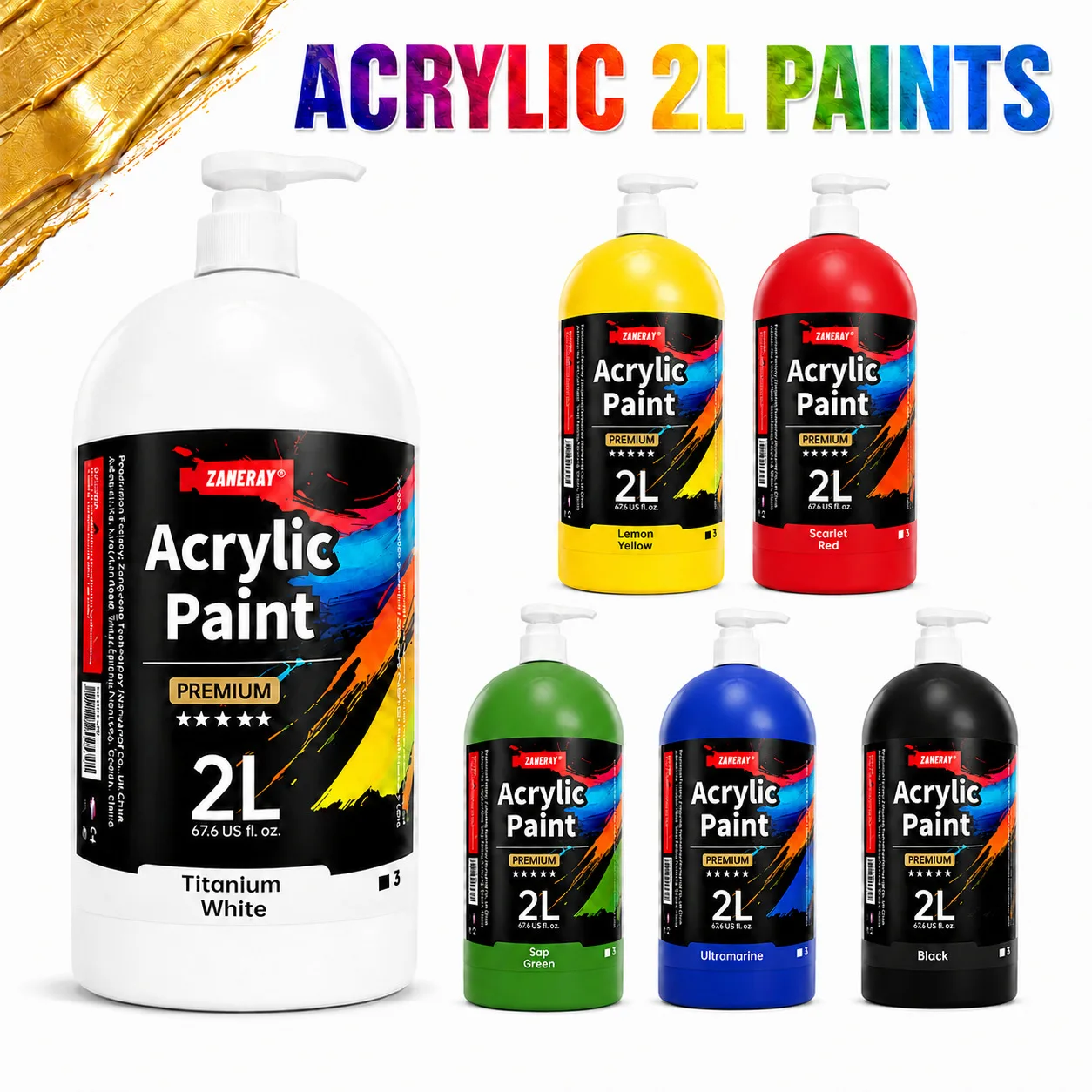 2L Large Capacity Acrylic Paints - 6 Vibrant Colors for Art, Graffiti, Wall Murals & Kids’ DIY Crafts (Non-Toxic, Washable)