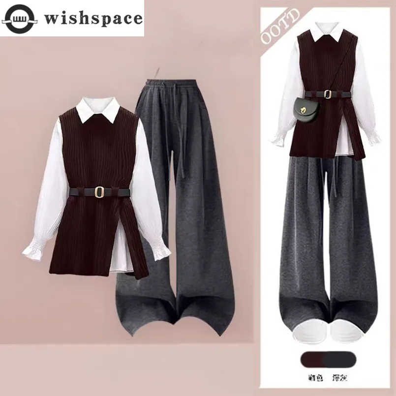 

Spring and Autumn New Collection Women's Korean Knitted Tank Top Shirt+Casual Wide Leg Pants Three Piece Set
