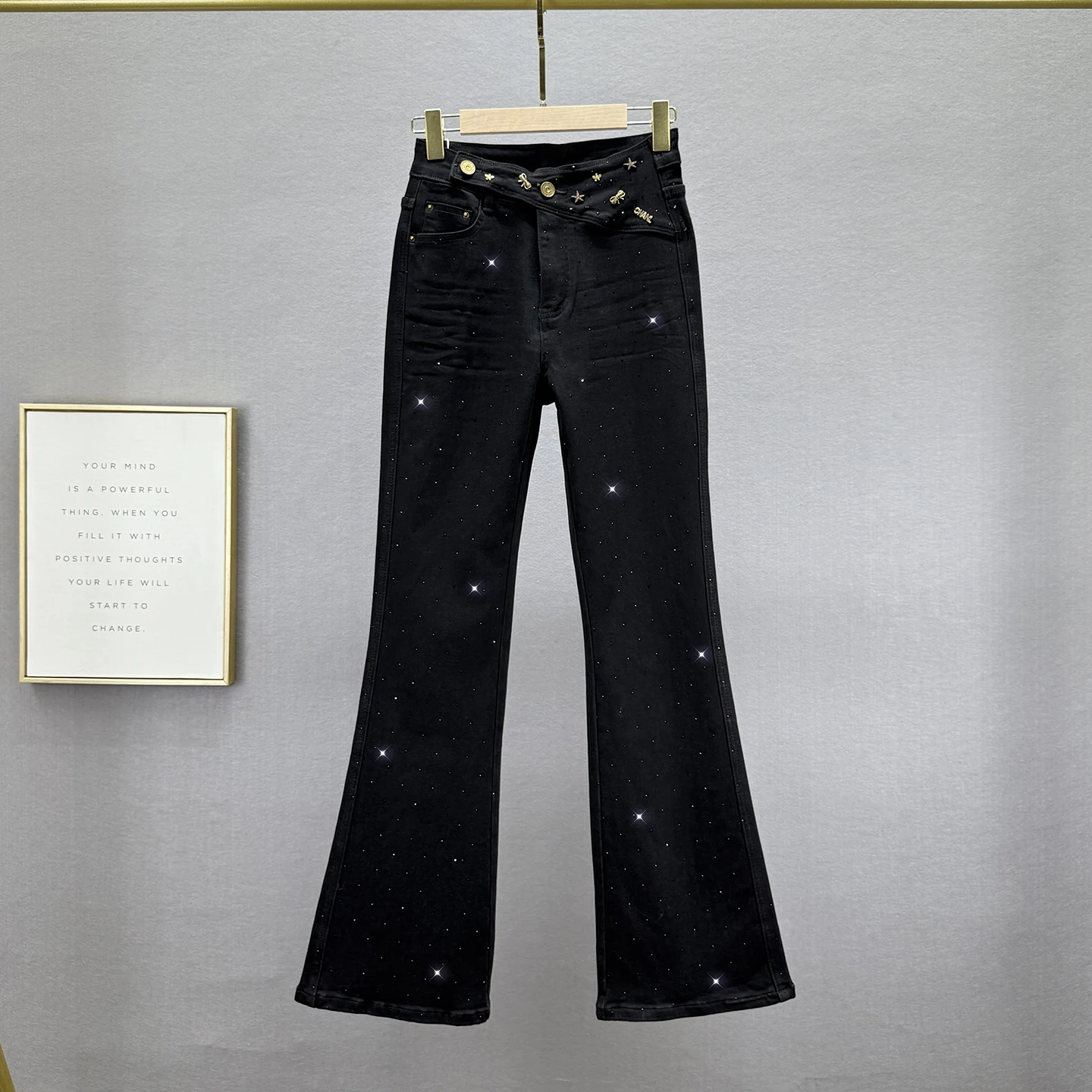 

Hot Rhinestone Denim Flared Pants for Women Trendy 2025 Autumn New Elastic High Waist Slim Fit European Style Floor-Length Pants