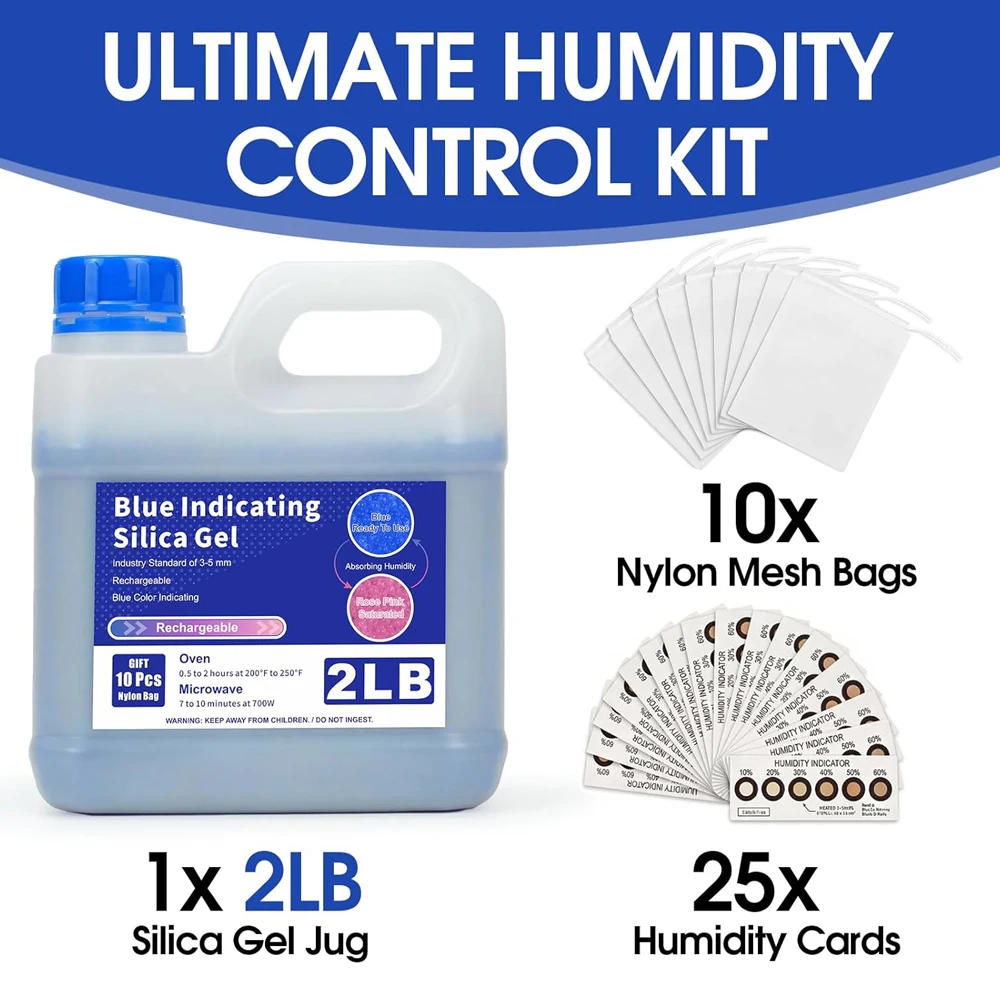 2LBS Blue Silica Gel Beads Bundle, Indicating Desiccant Humidity Test Cards, 3D Printer Desiccant & Reusable Moisture Absorber