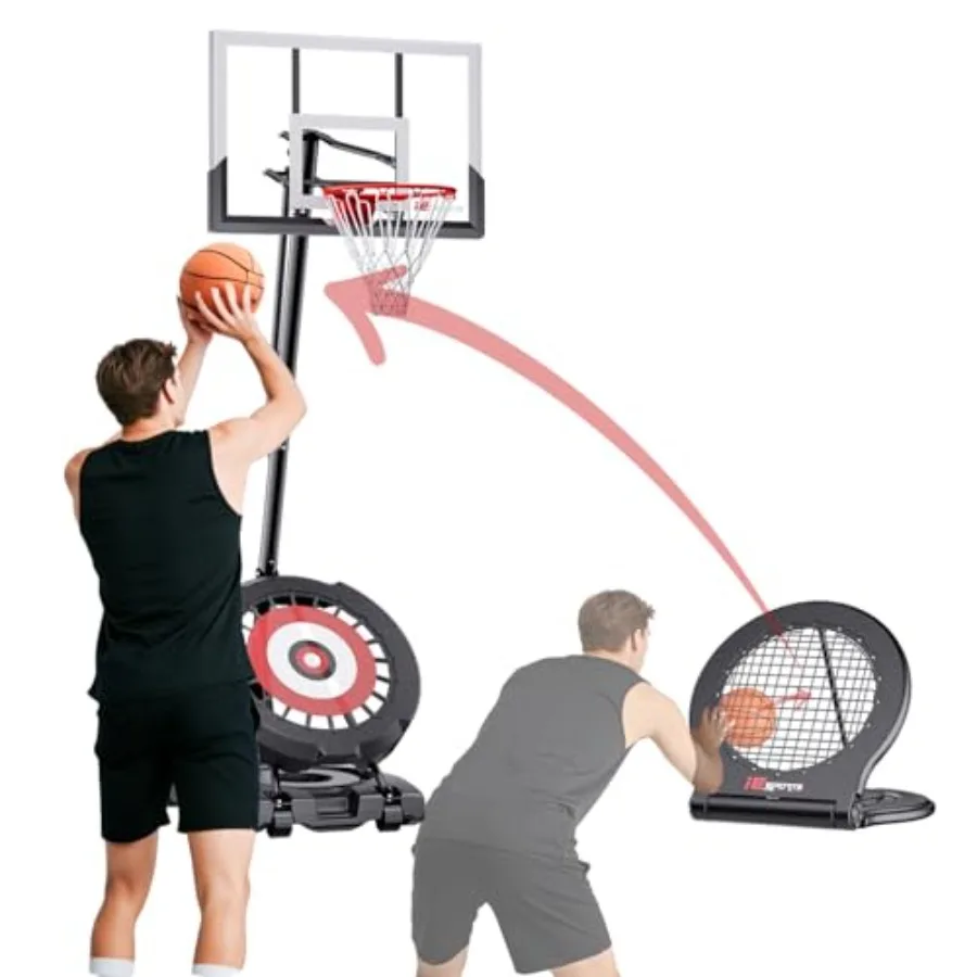 

Backyard basketball hoop and rebounder system combo: heavy-duty steel, height adjustable 8-10ft, black finish, portable solo te