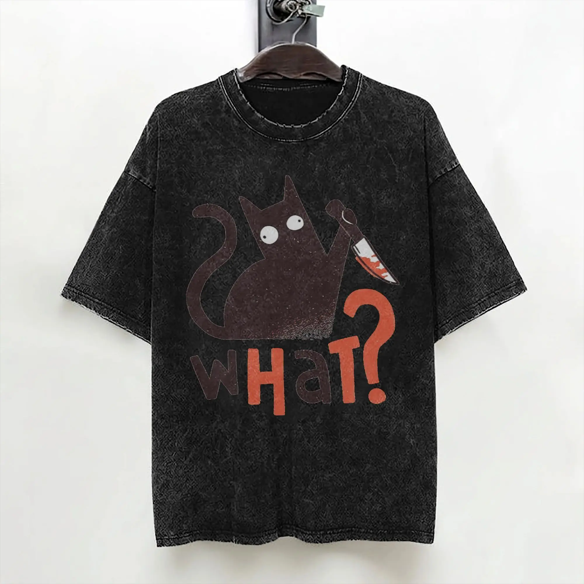 Killer Cat with Knife Washed T Shirts Streetwear Hip Hop Vintage T-Shirt  Tee Shirt for Men Women Short Sleeve Oversize Graphic