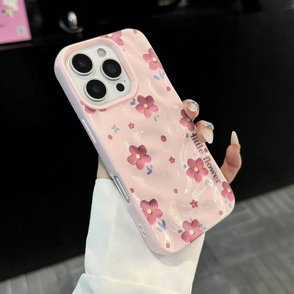 Einfache Handyhülle mit koreanischem Blumenmuster für iPhone 17 16 15 14 13 12 11 Pro Max 14 Plus 17Air, weiche Silikonhülle mit Falten-Wellen-Design – Detail 3