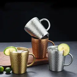 Stainless Steel Cold Water Drinks Cup with Handle Hammered Texture Double-Wall Beer Cups Milk Mugs for Kitchen Drinkware Bar