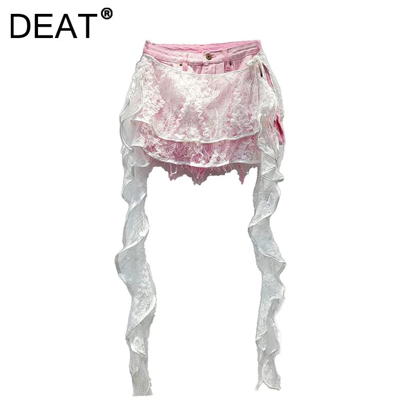 DEAT Women's 2 Pcs Set Lace Ribbon Skirt High Waist Burrs Edge Wide Leg Short Denim Pants 2025 New Fashion Spring 29L9512