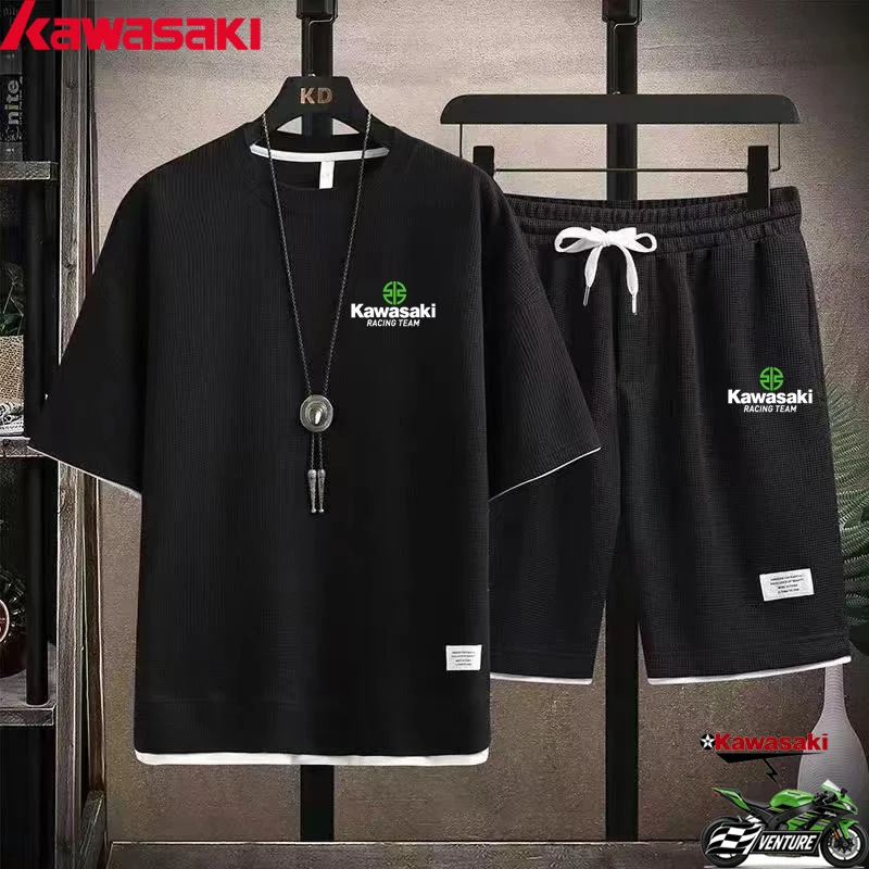 Conjunto de basquete masculino Kawasaki Summer Waffle, de secagem rápida e respirável, com camiseta casual de manga curta e gola redonda e conjunto de