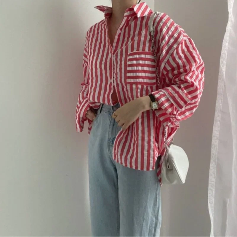 Neploe Korean Chic Fresh Design Sense Blouse Women Single-Breasted Striped Shirt 2024 Autumn Temperament Lapel Collar Blusa