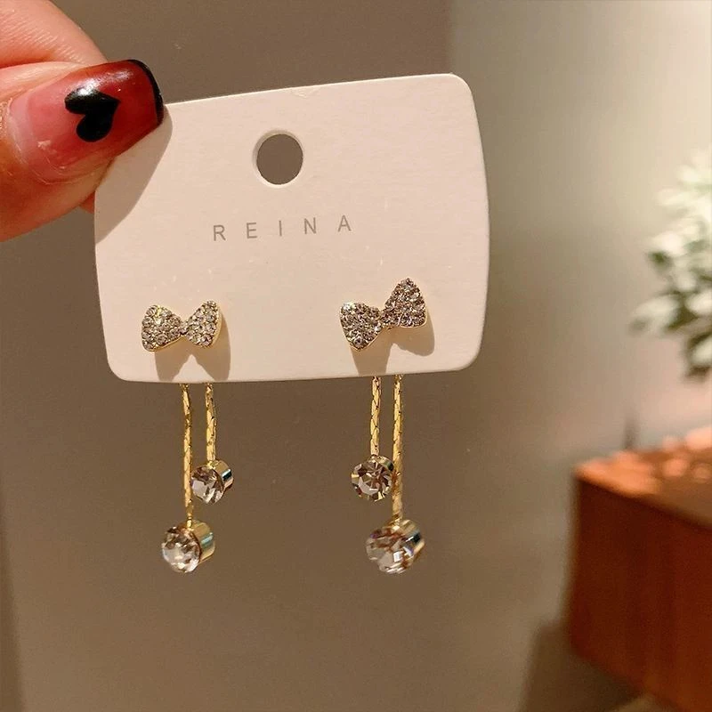 Punk Full Crystal Rhinestone Bowknot Chain Tassel Long Drop Earrings for Women Korean Geometric Jewelry Girl Gift