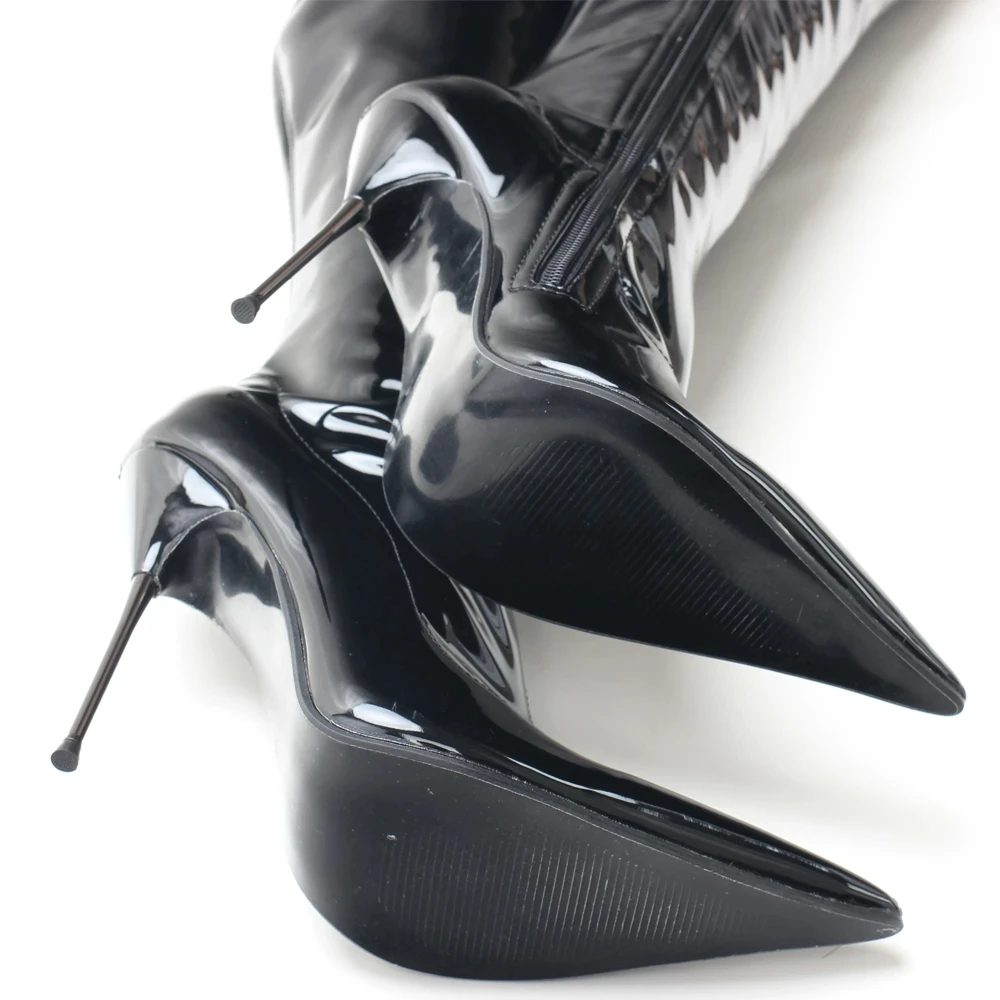 2023 donne sopra il ginocchio 13CM tacco alto a punta tacchi a spillo elastico in pelle verniciata Sexy Fetish Club Party cavallo scarpe lunghe