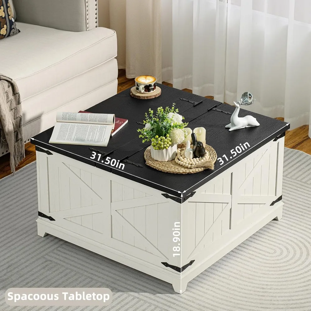 Antique Black and White Large Square Coffee Table with Hidden Storage for Living Room, Farmhouse Style Centerpiece