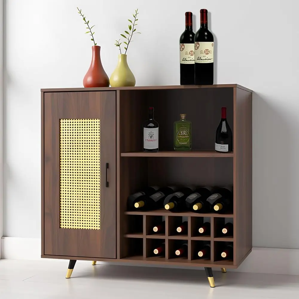 

9-Bottle Wine Rack Coffee Bar Cabinet with Rattan and Gold-Tip Legs for Dining and Living Rooms (Walnut, 31.5in Wide)