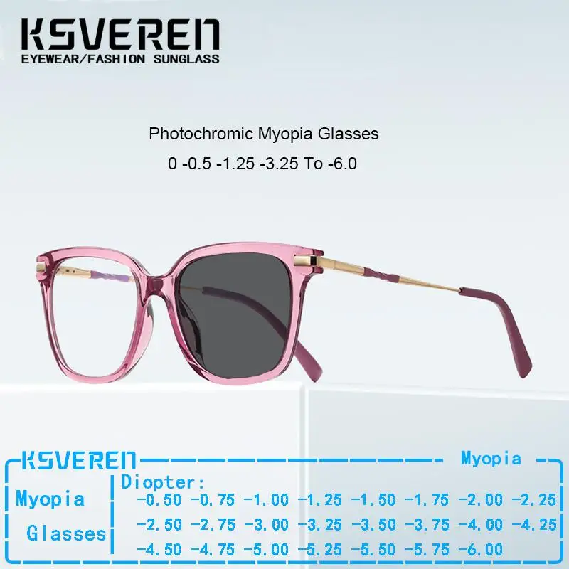 

KSVEREN TR90 Frame Photochromic Nearsighted Glasses Women Fashion Spring Hinge Square Myopia Eyeglasses Diopter 0 -1.25 To -6.0