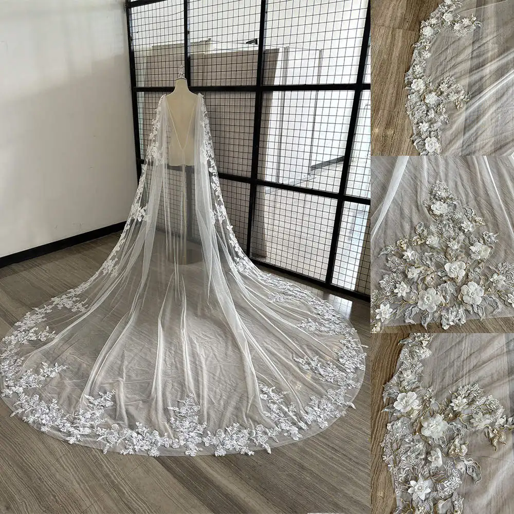 Luxury Wedding Veil For Bride Appliques 3D Flower Embroidery 3M Long Special Cut Royal Bridal Veil with Comb Wedding Accessories