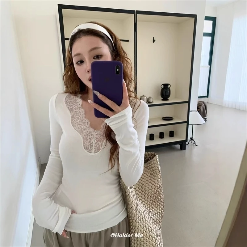 

Women's Autumn Winter Solid Color Lace V Neck Long Sleeve Slim T Shirt Lady Sexy Pullover Basic Tee Top