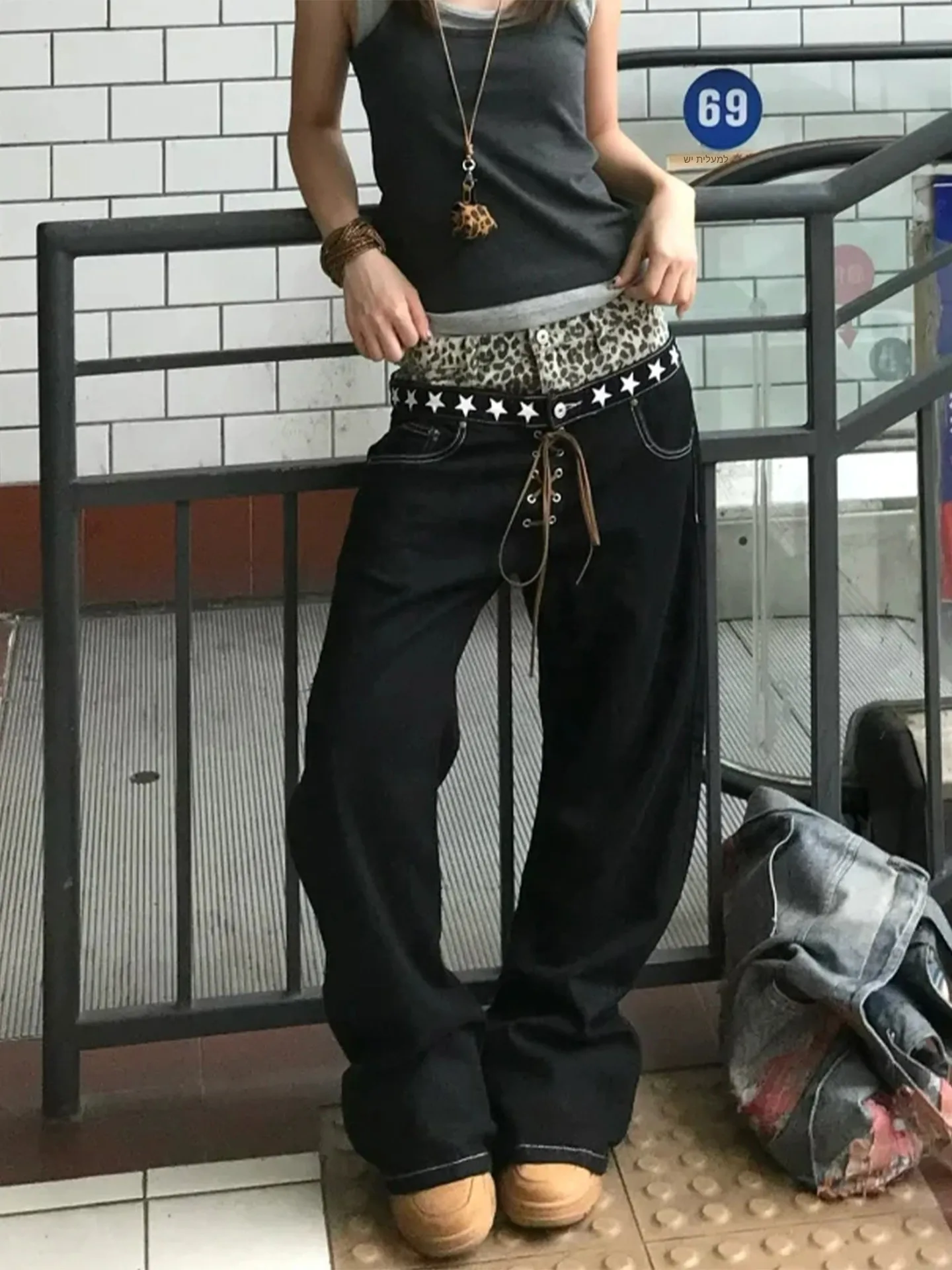 Retro American Splicing Slim Fit Leopard Print Double Waist Head Jeans Men Women Street Style Curved Knife Long Pants