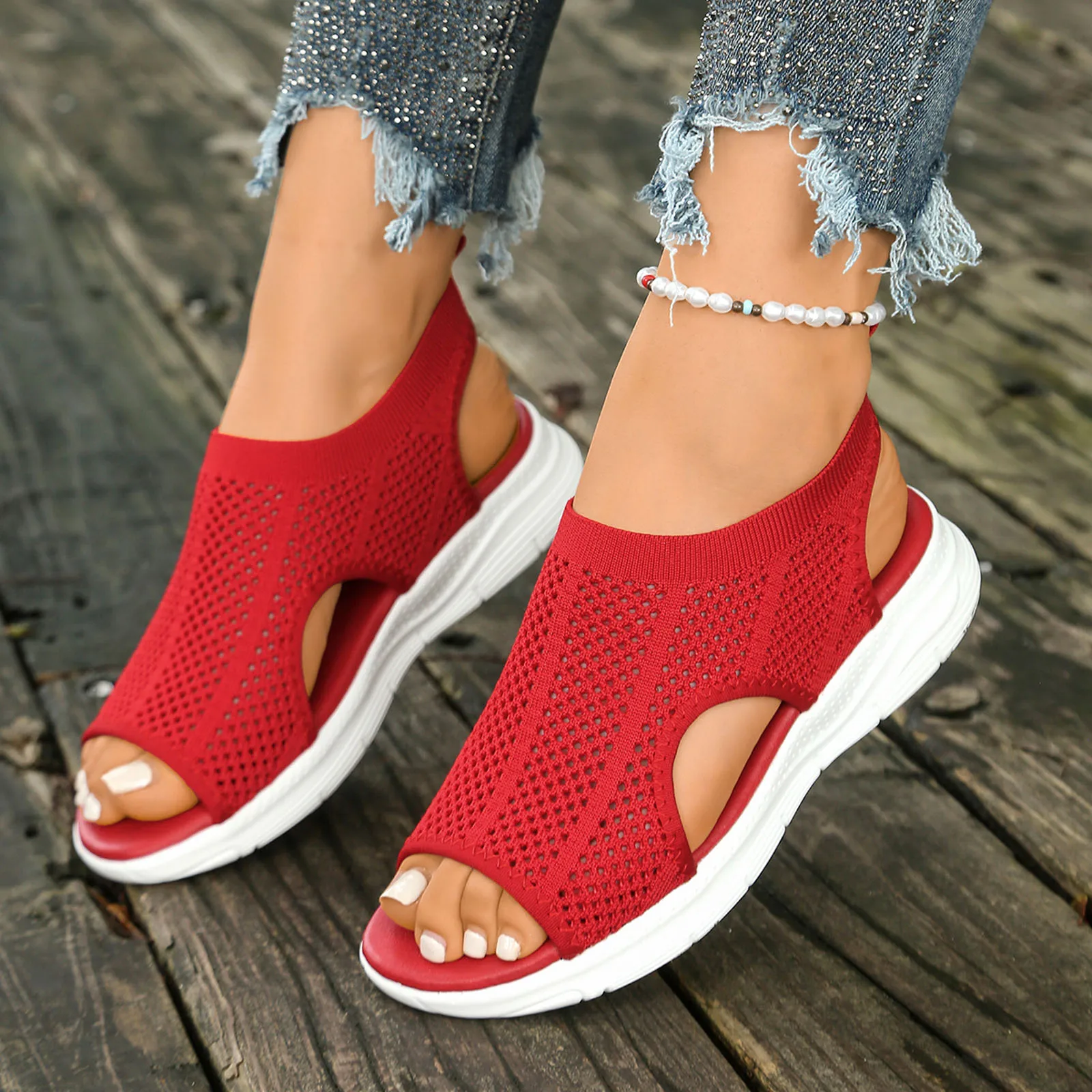 Sandalias de Verano Cómodas y Transpirables para Mujer, Parte Superior de Punto, Suela Gruesa, Zapatos Planos Casuales, Punta Cerrada, Sandalias de Mujer 2026
