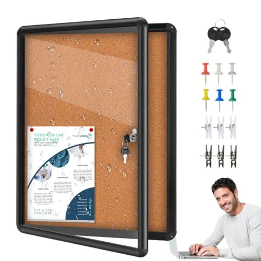 

26"x20" Enclosed Cork Bulletin Board Tamper-Proof Dispaly CaseAluminium Frame Shatter Resistant Lockable Bulletin Board with Cl
