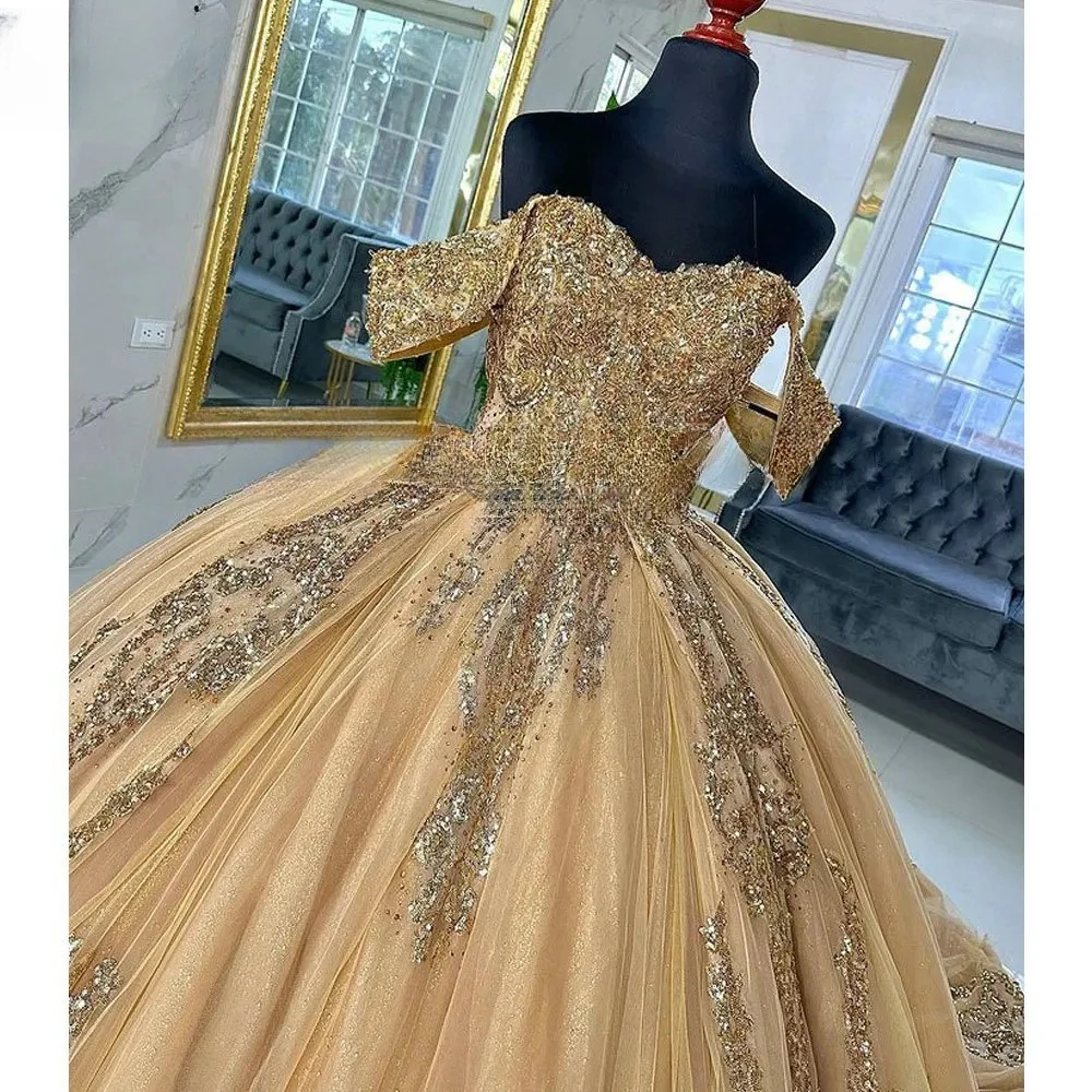 Customized Real Gold Beading Ball Gown Quinceanera Dresses Appliques Lace Corset Vestidos De 15 Años Party Prom Gown Formal Wear