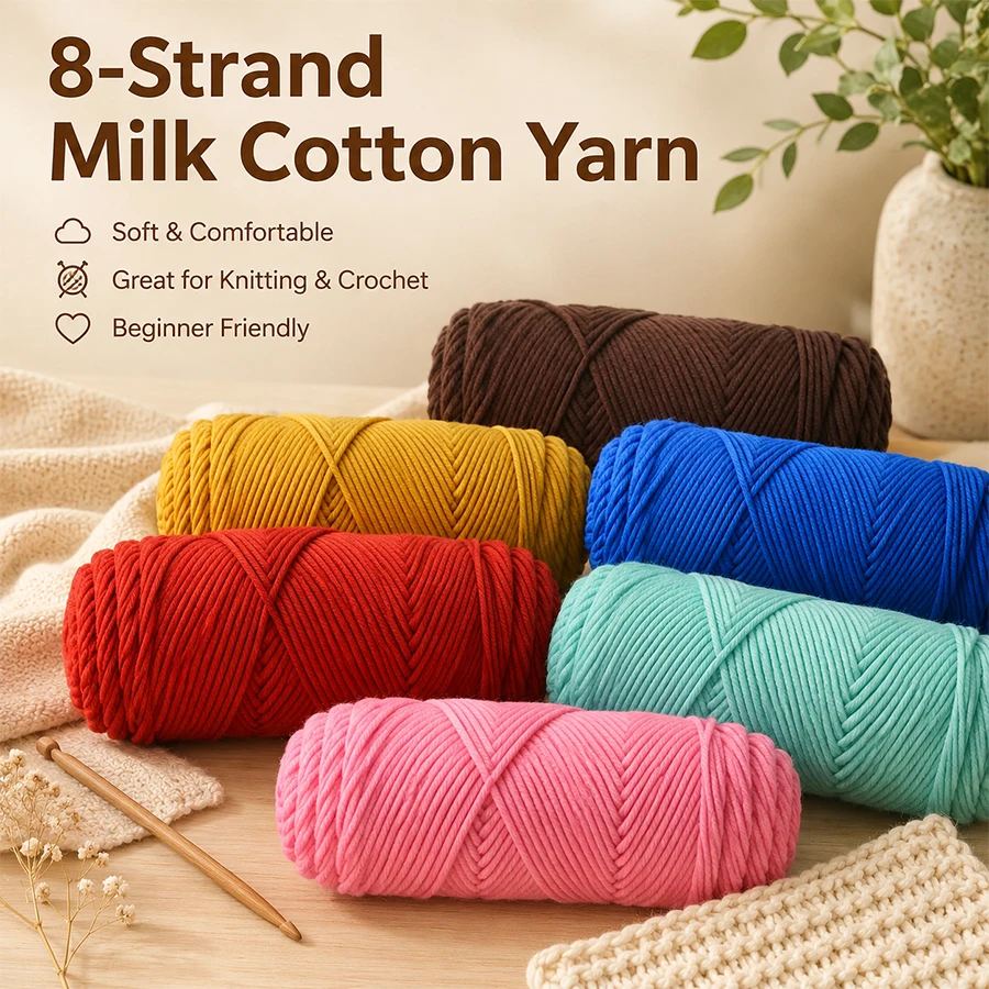 8-fädiges Milchbaumwollgarn, weich im Griff, Strickgarn, DIY-Häkelgarn, für Puppen, Schals, Mützen, Decken, Bastelmaterial