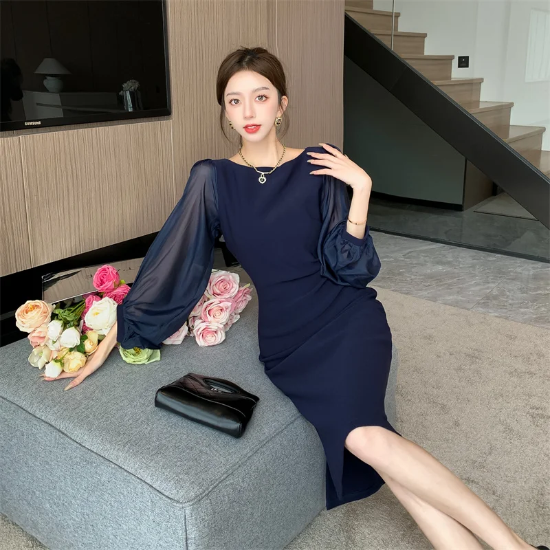 S-3XL French Summer Office Ladies Solid Bodycon Dress Fashion Women Round Collar Mesh Puff Sleeve Slim Side Split Pencil Vestido