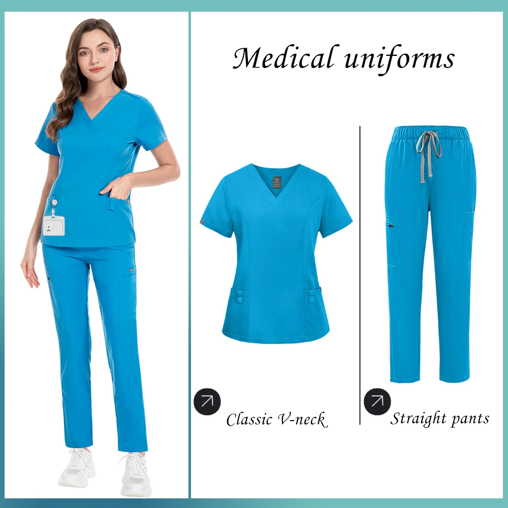 Unissex conjunto de calça reta médico enfermeira uniforme de enfermagem feminino beleza workwear bolso superior + calça uniforme de cirurgia médica roupas de trabalho