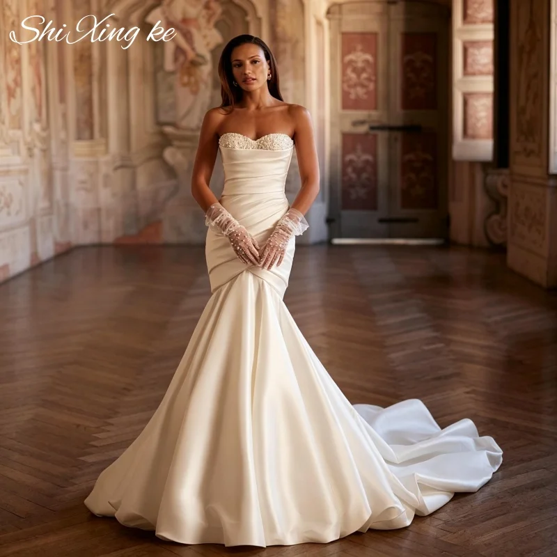 Beaded Draped Mermaid Bridal Gown Sweetheart Neck Satin Chapel Train Vestidos De Novia Customized