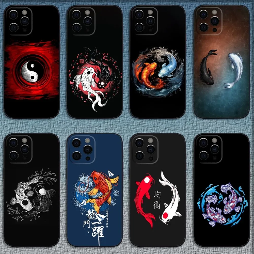 Koi Carp Fish Yin Yang Art Phone Case For iPhone 16,15,14,13,12,11,Pro,X,XS,Max,XR,Plus,Mini Soft Black Cover