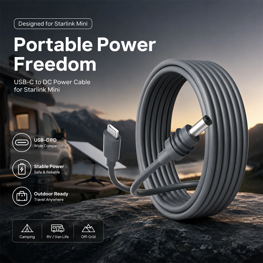 Starlink Mini DC Power Cable Type-C to DC IP67 Waterproof Pure Copper Wire Outdoor Power Cord for Starlink Mini Satellite RV