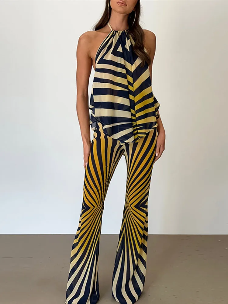 Gestreiftes Neckholder-Top und Hose, 2-teiliges Set für Damen, Sexy Ärmelloses Oberteil mit Unregelmäßigem Saum, Weite Hosen, Schicke Damenoutfits, Neu – Detail 12