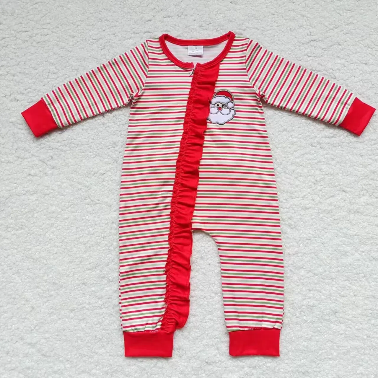 LR0441 Wholesale Toddler Girl Embroidery Christmas Santa Red Green Stripe Zipper Long Sleeve Jumpsuit Baby Romper Kids Clothing