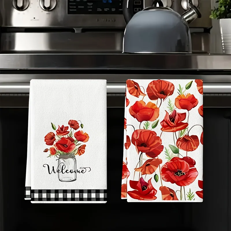 2Pcs, Red Poppy Bouquet Plaid Kitchen Towels, 40Cm*60Cm Towel Set, Super Absorbent Soft Cleaning Cloth, Cooking and Baking Tea Towel, Hand Towel, Cleaning Cloth, Dishcloth, Kitchen Decoration, Living Room Decorations, Kitchen Essentials, Home Essentials