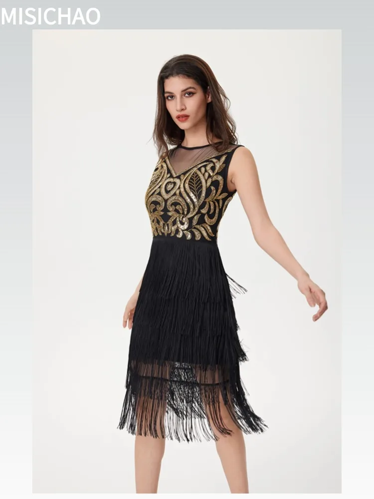 MISICHAO 1920s Flapper Dress Retro Fringe Dress Golden Sequin - embroidered Sleeveless Tulle Party Gown