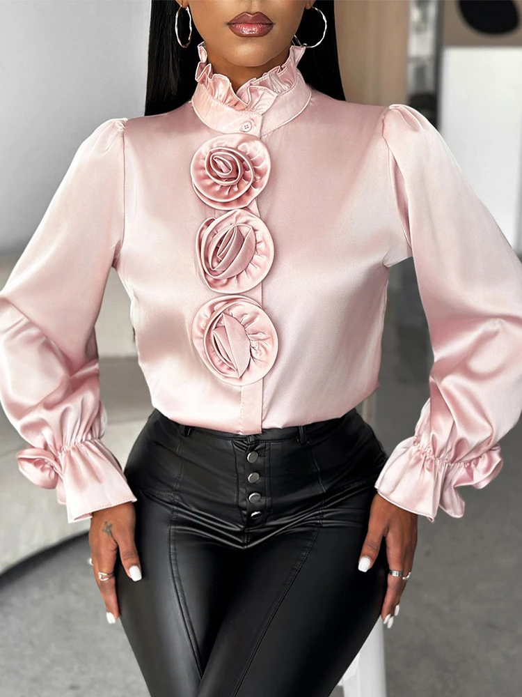 Rose Detail Frill Hem Bell Sleeve Top