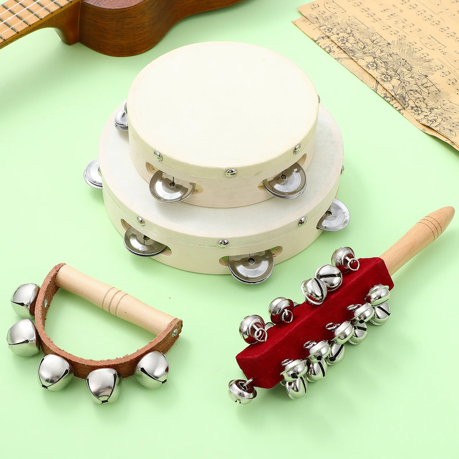 

4pcs Percussion Instruments Set Wooden Tambourine Drums Half Moon Hand Shaker Bells Stick Classroom Singing
