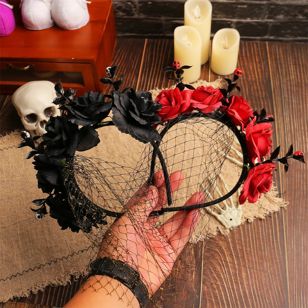 Halloween Flower Lace Veil Headband Mexican Day Of The Dead Crown Cosplay Hair Hoop Women Halloween Costume Party Accessories