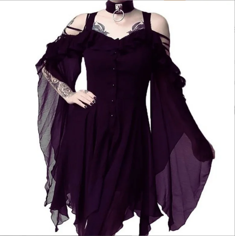 Retro Camisole Off Shoulder Large Swing Sleeve Irregular Button Dress 2025 Summer Fashion New