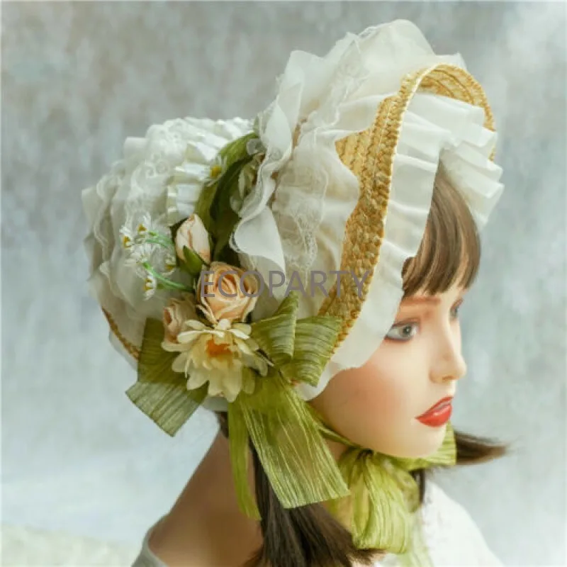 Pastoral Style Lolita Hat Sen Series Small Fresh Lolita Woman Hat with Lace Ribbon Silk Flowers Straw Hat Tea Party Flat Hat