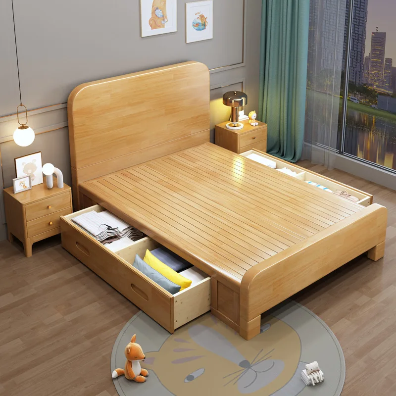 Nordic solid wood children's bed master bedroom 1.2 meters rubber wood solid wood bed high box storage bed