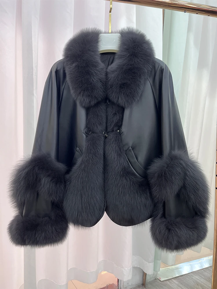 New Fashion Natural Fox Fur Coat Women's Genuine Sheepskin Leather Jacket Warm Luxury Female Coats Goose Gown Jacket