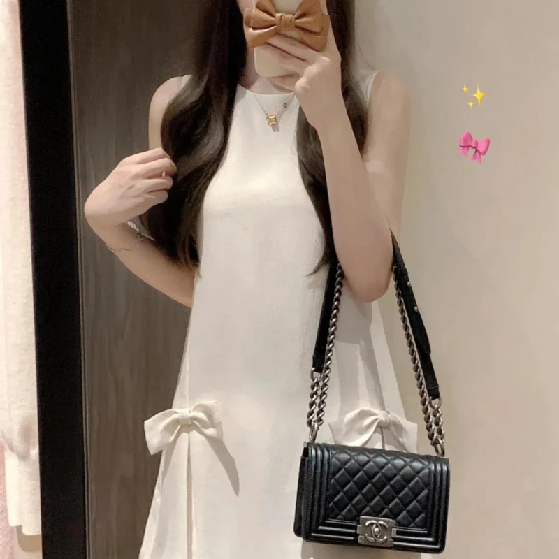 2024 Spring Summer New Fashion Round Neck Sleeveless Women\'s Clothing Pullover Solid Bow Sweat Female Clothes All Match Dresses