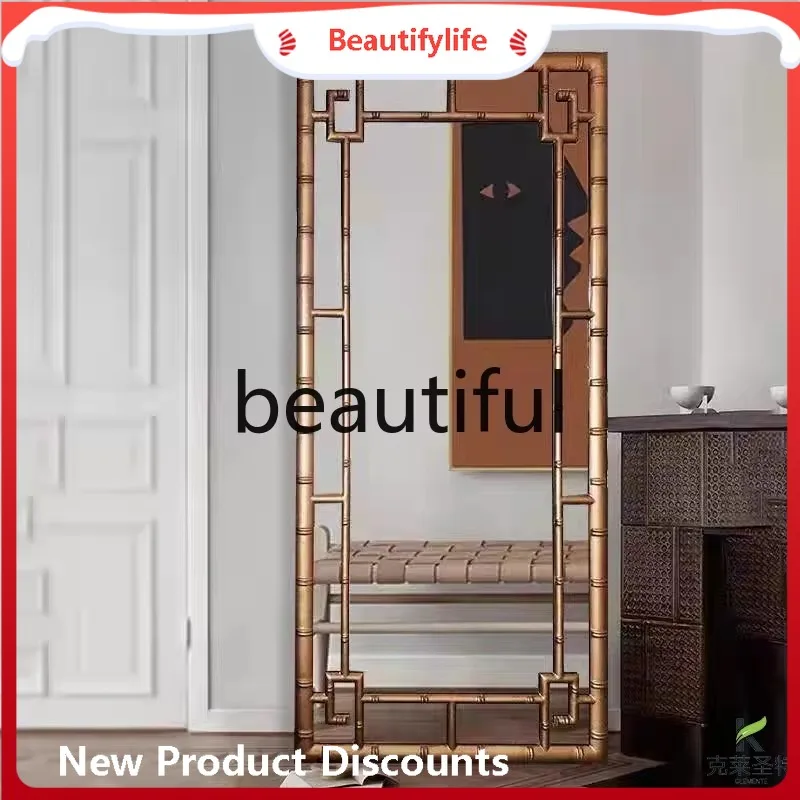 A179 French retro creative bamboo full body mirror European entrance full-length mirror medieval home floor