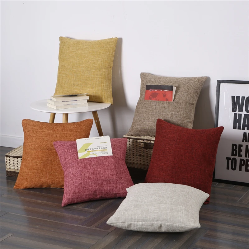 45x45cm Thicken Cotton Linen Solid Color Cushion Cover With Pocket Bedroom Pillow Case Home Sofa Decoration