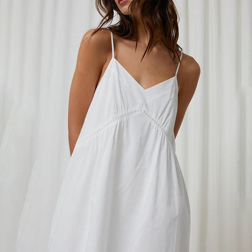 100% Cotton Summer New White Color V Neck Simple Comfortable Suspender Nightdress Ladies' Short Length Home Clothes