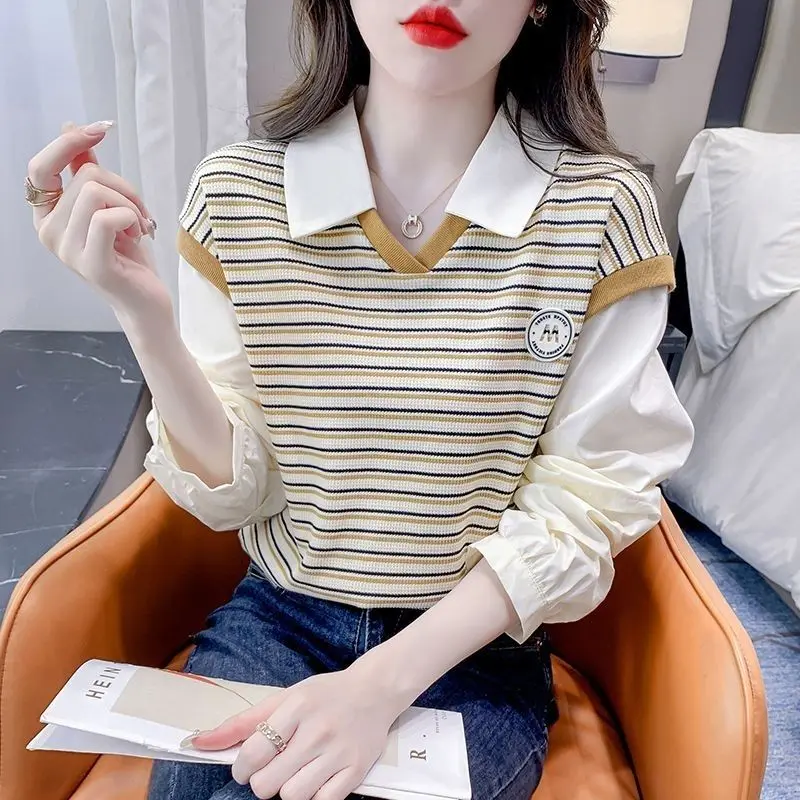 

Модный женский свитшот с длинным рукавом, имитация двухслойности, для весны и осени, 100% хлопок, высокое качество